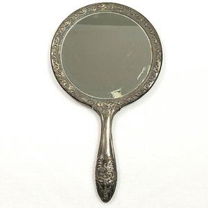 Vintage Hand Held Mirror Victorian Style Silver Plated #1310